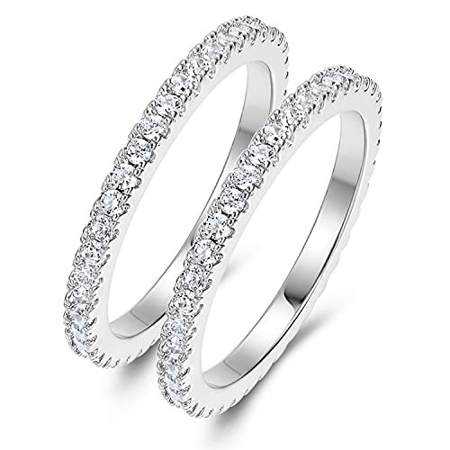 VOLUKA Set of Rings 18K White Gold Plated Cubic Zirconia Stacking Eternity Band Diamond Rings for Women Men Promise Engagement Rings Size 7