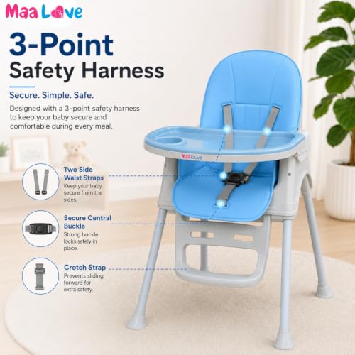 Image of Maa Love 4-in-1 Baby High Chair for 0-5 Years, Adjustable Height Feeding Chair with Detachable Tray, One-Hand Fold, Multifunctional High Chair (Blue)