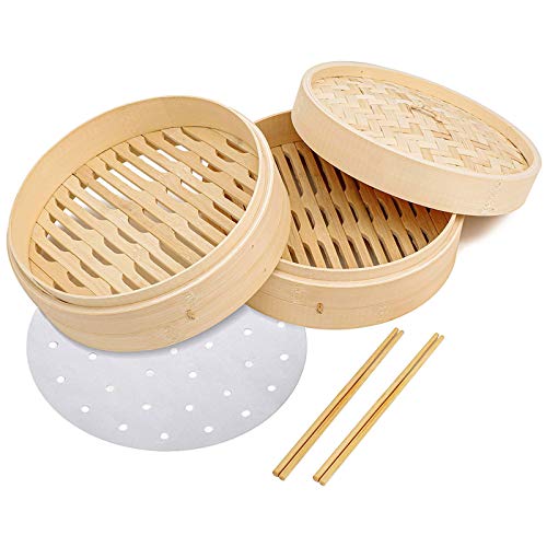 10 inch Bamboo Steamer Basket, 2 Tier Natural Bamboo Steamer for Dumplings with Lid, Contains 30 x Liners, 2 Sets Chopsticks