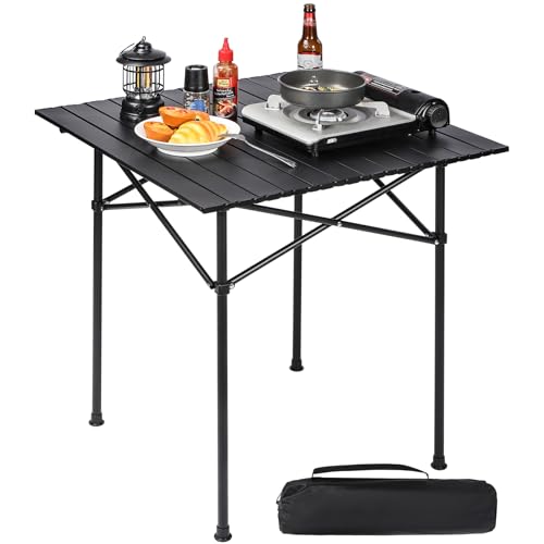 REDCAMP 2ft Folding Camping Table, 70x70cm Square Roll Up Top Picnic Table with Carry Bag, Lightweight Portable Outdoor Table for Cooking BBQ RV Beach Hiking Fishing, Black