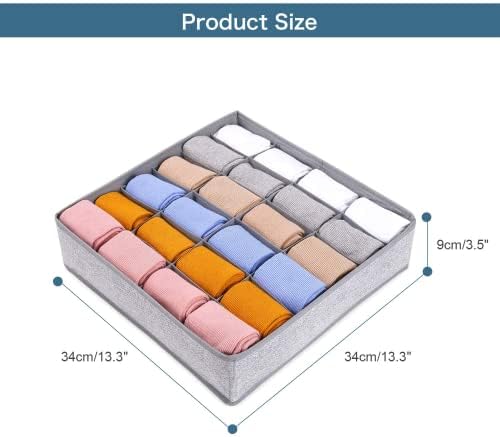 Joyoldelf Sock Organiser - Set of 2 Foldable Drawer Organiser - Wardrobe Storage Organiser with 24 Cells - Drawer Dividers Storage Boxes for Socks, Baby Clothes, Ties and Scarves - Grey
