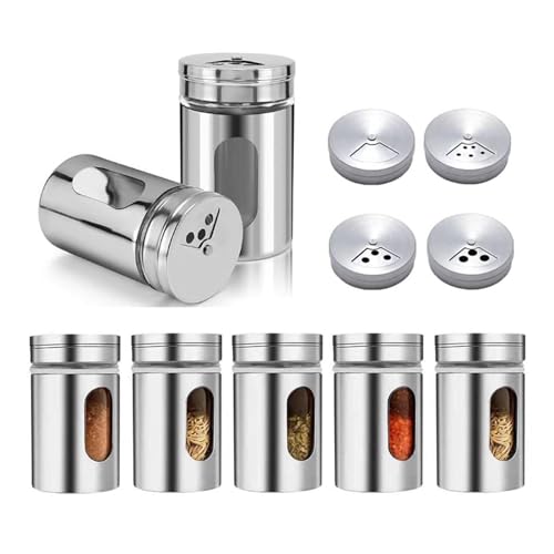 NIYATA 7 Stück Gewürzgläser mit Streueinsatz Rund,8CM Gewürzdosen Edelstahl,3 Streugrößen,Mit 1 Schwamm-Reinigungsbürste,Küchen Organizer,für Gewürze & Kräuterdosen(Silber)