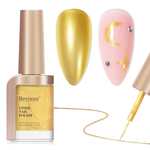 Bevimee Gold Nail Polish Liner, Air Quick Dry, Chrome Metallic Nail Lacquer Non Gel Liner, Glitter Build-in Thin Brush Nail Art, 12ml