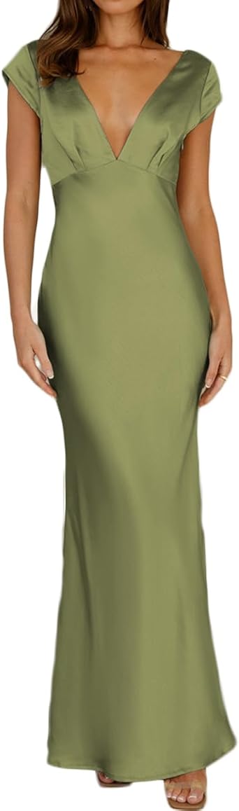Halfisland Womens Summer Satin V Neck Cap Sleeve Backless Maxi Dress Elegant Twist Cut Out Midi Dresses Wedding Guest Olive
