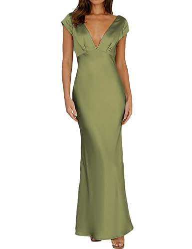 Halfisland Womens Summer Satin V Neck Cap Sleeve Backless Maxi