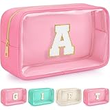 WELIDAY Initial Birthday Gifts Clear Makeup Bag, Preppy Chenille Patch Cosmetic Bag, Birthday Gift Travel Toiletry Pouch, Ideal Gift for Women, Girls, Teachers & Moms (Pink, A)
