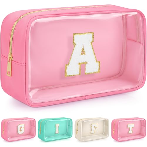 WELIDAY Initial Birthday Gifts Clear Makeup Bag, Preppy Chenille Patch Cosmetic Bag, Birthday Gift Travel Toiletry Pouch, Ideal Gift for Women, Girls, Teachers & Moms (Pink, A)
