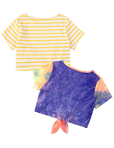 Huanye Tie Dye T Shirts For Girls Short Sleeve Tees Casual Striped Summer Crop Tops 2 Pack Blouse, Yellow Strap + Tie Dye, 4-5T #TOP1