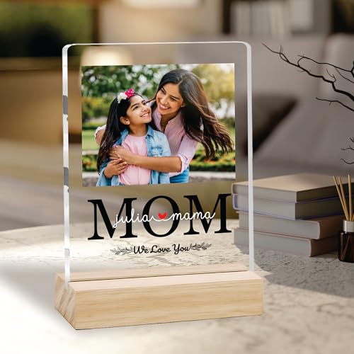 Image of Giftplease Customized Photo And Text Frame With Wooden Stand | Personalised Printed Photo Frame | Gift For Mom | Birthday | Mother's Day | Anniversary (Transparent, 5MM, 6 * 8 Inches), Tabletop