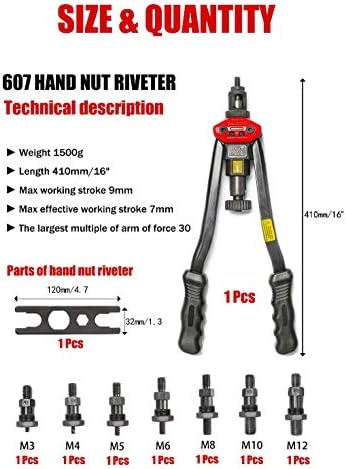 16" 410mm M3 M4 M5 M6 M8 M10 M12 BT607 Hand Riveter Rivet Gun, Riveting Tools with Nut Setting System