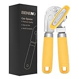 Beneno Heavy Duty Hand Can Opener Manual with Magnet, Durable Sharp Carbon Steel Blade Smooth Cutting, Big Effort-Saving Knob, Soft Grip Handle, Multifunctional Kitchen Tool with Bottle Opener, Yellow