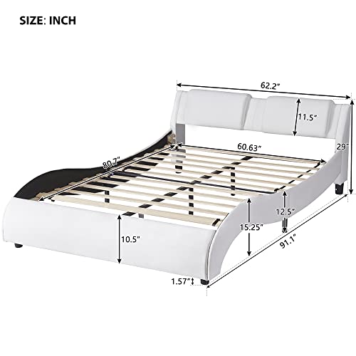 Bellemave Queen Led Bed Frame Upholstered Faux Leather Wave-Like Platform Bed With Headboard, Strong Wood Slats Support, No Box Spring Needed, Easy Assembly, White #TOP1