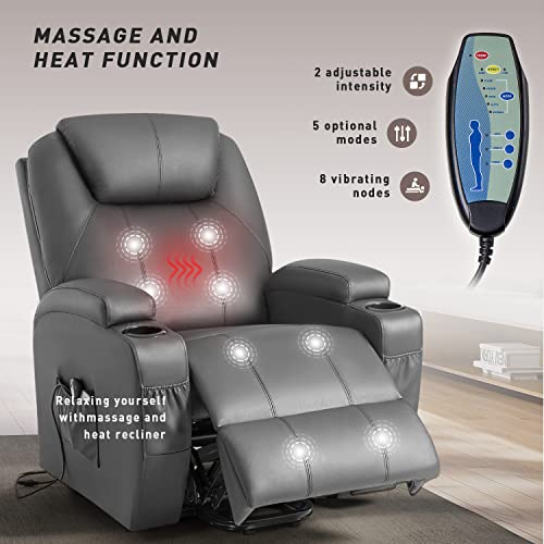 Yeshomy Power Lift Recliner Chair With Massage And Heating Functions, Pu Leather Sofa With Remote Control And Two Cup Holders, Suitable For Living Room, Gray #TOP3