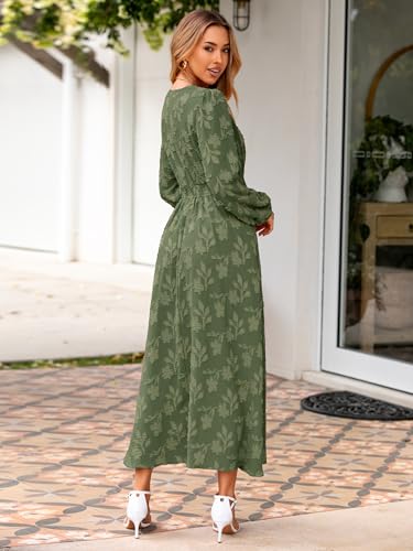 Image of Simplee Womens Boho Floral Long Sleeve Maxi Dress V Neck Empire Waist Fall Wedding Guest Dresses with Pockets