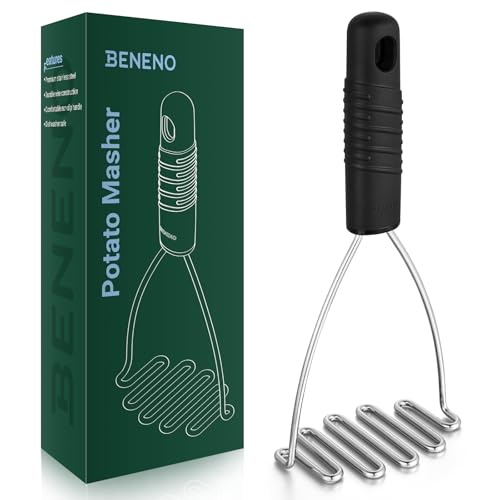 Beneno Heavy Duty Stainless Steel Wire Potato Masher with Soft Grip Handle for Effortless Mashing, Sturdy & Rust-Proof Masher Kitchen Tools for Potatoes, Dishwasher Safe, Black