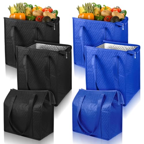 simarro 6Pcs Reusable Insulated Grocery Bags, Heavy Duty Large Insulated Shopping Bags For Groceries 13 x 12 x 7 inches Blue Black Cooler Bag Thermal Totes with Zipper for Groceries & Food Delivery