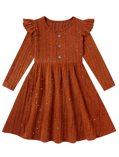 Toddler Girl Dress Long Sleeve Round Neck Ruffle Button A-Line Knitted Sweather Fall Dresses Size 2-6T