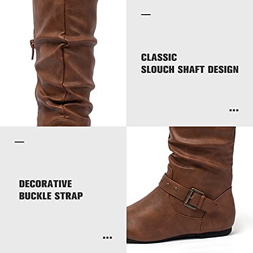 Katliu Women's Mid Calf Slouch Boots Zip Up Flat Boots With Buckle Brown #TOP1