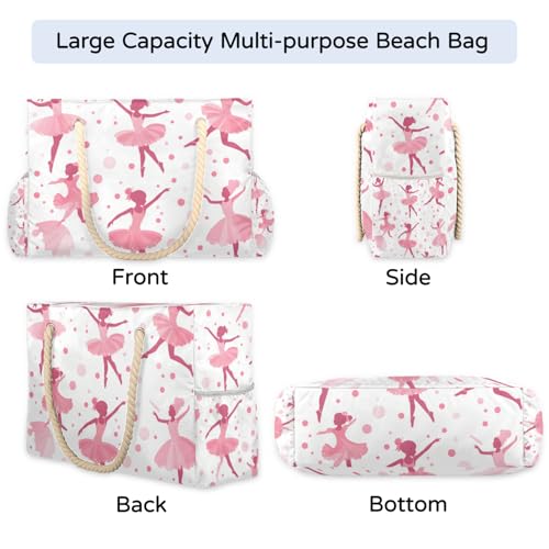 Cute Ballerina Beach Bag for Women Waterproof Pool Bag Sandproof Large Tote Bag with Wet Pocket Handbag with Zipper for Gym Beach Travel Work4