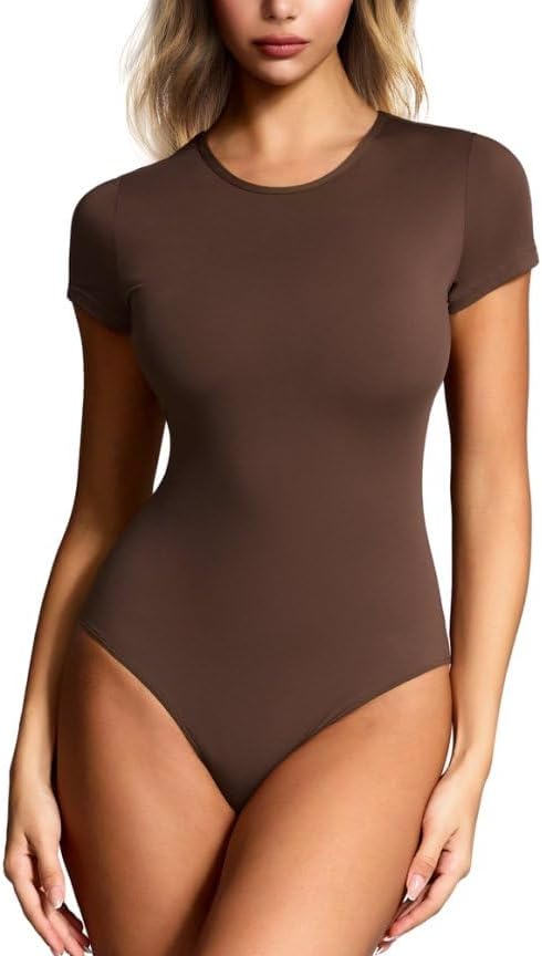 Women's Double-Lined Round Neck Short Sleeve Bodysuit Seamless T-Shirt Body Suits Basic Tops for Women