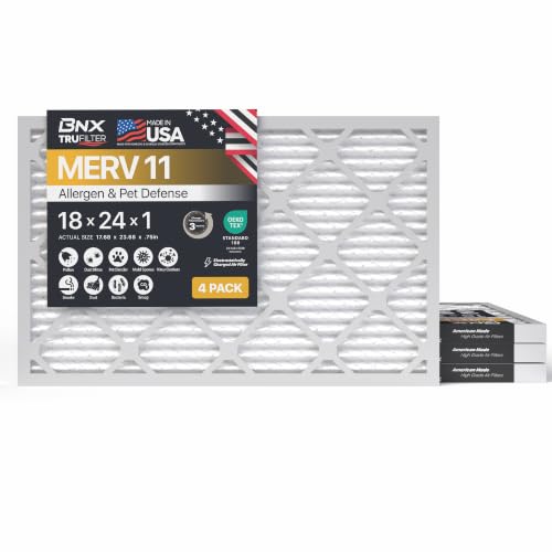 Image of BNX TruFilter 18x24x1 Air Filter MERV 11 (4-Pack) - MADE IN USA - Allergen Defense Electrostatic Pleated Air Conditioner HVAC AC Furnace Filters for Allergies, Dust, Pet, Smoke, Allergy MPR 1200 FPR 7