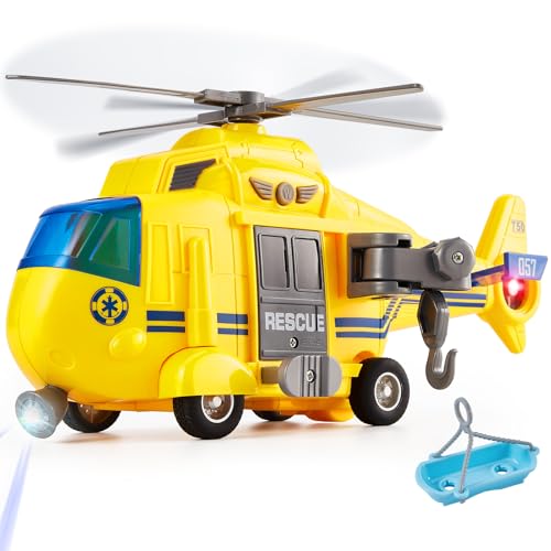 HERSITY Hubschrauber Kinder mit Drehpropeller, Flugzeug Spielzeug Groß Licht und Sound Helikopter Kinderspielzeug mit Bewegliche Seilwinde, Trage, 28cm, Geschenk für Junge 3 4 5 Jahre