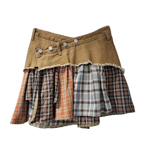 BAIMORE Women's Y2k Low Waist Asymmetrical Button A Line Plaid Patchwork Denim Mini Skirt