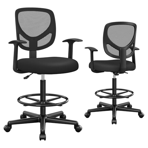 SONGMICS Drafting Stool Chair with Armrest, Mesh Office Chair, Ergonomic Painting Chair with Height Adjustable Footrest, 360?Swivel Task Stool, For Standing Desk, Black OBN25BKUK