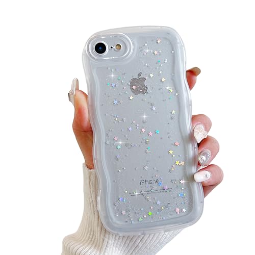 ZTUOK Compatible with iPhone 6/6S Case for Girls Women,Cute Clear Sparkly Bling Star Design Curly Simple Wave Case Shockproof Protective Slim Soft TPU Glitter Cover for iPhone 6/6s-White