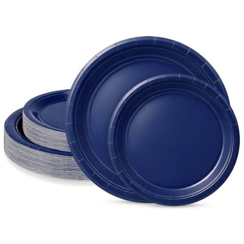 LIKAJON 50 Pcs Navy Blue Paper Plates 25 Pcs 9 Inch and 25 Pcs 7 Inch Disposable Dessert Plates for Valentines Tea Party Baby Shower Birthday Wedding Graduation Picnic BBQ Party