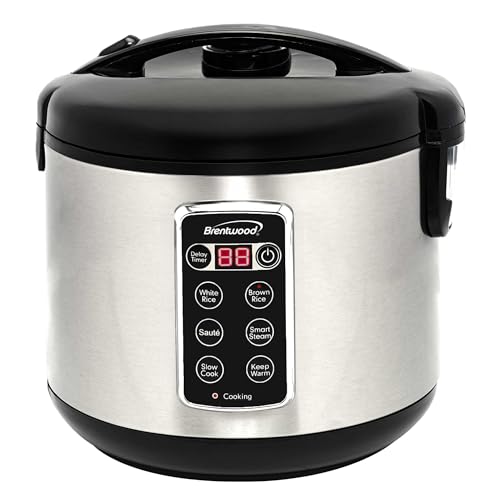 Brentwood 7-Function Smart Rice Multi-Cooker – Food Steamer, Slow Cooker, Sauté, Keep Warm, and 15hr Delay Timer with Spatula and Measuring Cup, Stainless Steel (16 Cups Cooked / 8 Cups Uncooked)