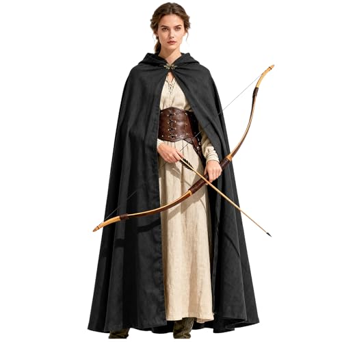L'VOW Medieval Black Hooded Cloak Renaissance Cape with Hood Halloween Assassin Creed Cosplay Hobbit Costume