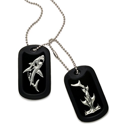 Kriskate & Co. Made in USA Engraved Hammerhead Shark + Great White Shark Design Aluminum Dog Tag Necklace 24 Inches
