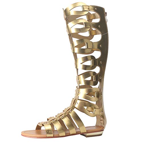 Camssoo Women's Open Toe Knee High Sandals Strap Gladiator Vamp With Back Zipper Closure Outdoor Flat Long Boots Boots Gold Pu Size Us8.5 Eu39 #TOP26