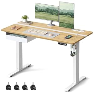 VASAGLE Höhenverstellbarer Schreibtisch elektrisch, 120 x 60 cm Tischoberfläche, Memory-Funktion mit 4 Höhen, mit Steckdosen und Stoffschubla, golichenfarben-wolkenweiß LSD112N01