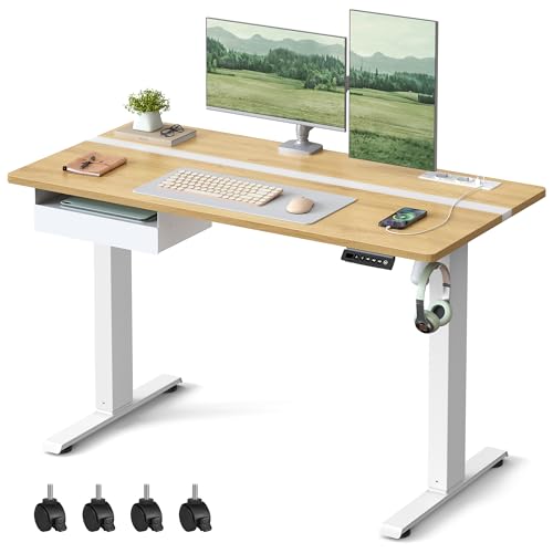 VASAGLE Höhenverstellbarer Schreibtisch elektrisch, 120 x 60 cm Tischoberfläche, Memory-Funktion mit 4 Höhen, mit Steckdosen und Stoffschubla, golichenfarben-wolkenweiß LSD112N01