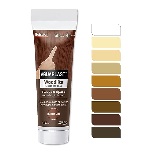 AGUAPLAST Woodlite stucco per legno colorato. Fibrato, resiste alle dilatazioni fino al 20%. Ideale per buchi e crepe in mano unica senza ritiro. Mogano