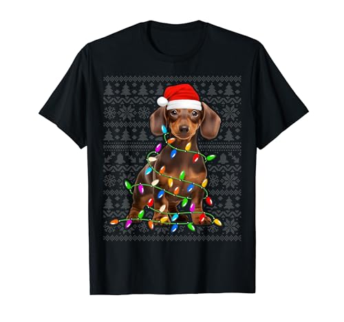 Dachshund Dog Santa Hat Xmas Lights Dachshund Ugly Christmas Camiseta