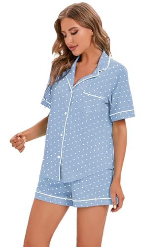 Image of LUBOT 100% Cotton Pajamas for Women 2 Piece PJ Set Button-Down Soft Knit Short Sleeve Summer Sleepwear Loungewear XS-XXL