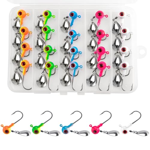 Alwonder 20-Pack Underspin Jig Heads for Fishing, Stand Up Crappie Bass Fishing Jig Head with Spinner Blade, Walleye Jigs Trout Panfish Lures Jigs Heads Hooks Freshwater Saltwater 1/4oz