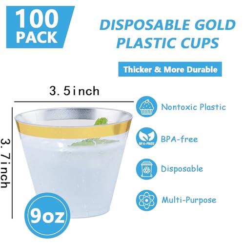 Hioasis 200Pcs 9OZ Clear Cups - Plastic Disposable Cups with Gold Trim, Heavy Duty & BPA-free for Party, Wedding, Reception