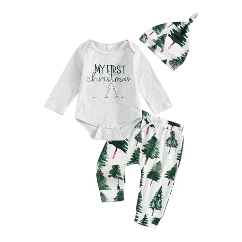 GOOCHEER My First Christmas Baby Boy Outfit Tree Print Newborn Long Sleeve Bubble Romper Shirt Pants Hat Infant Clothes Set