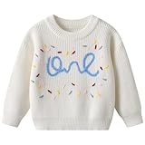 Koijhnb Toddler Baby Girl 1st Birthday Knit Sweater Infant Long Sleeve Embroidery Pullover Warm Fall Winter Smash Cake Outfit(White One,1-2T)