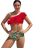 SPORLIKE Women High Waisted Swimsuit Flounce One Shoulder Bikini Padded Bathing Suit(Red/Watermelon,Medium)