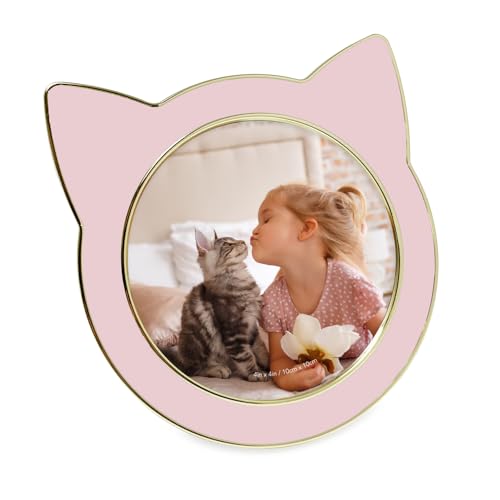 Isaac Jacobs 4x4 Blush w/Gold Round Enamel Cat Picture Frame w/Ears & Easel