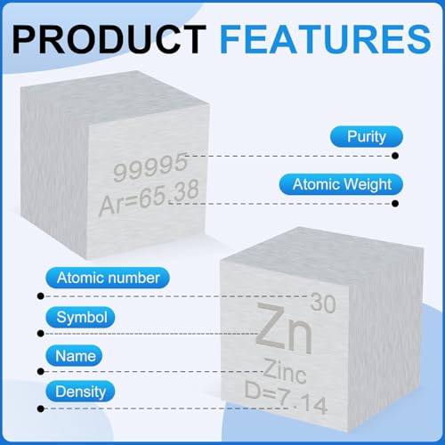 Image of 0.39 inch Zinc Metal Element Cube 10MM Density Cubes 99.995% High Purity, Periodic Table of Elements Collection for Element Collections Hobbies, Pure Zinc Cube(Zn 0.39 Inch)