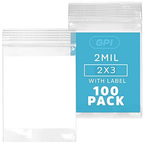 2"x3" Small Zip Bags, 100 Pack, 2 Mil, Write with White Block