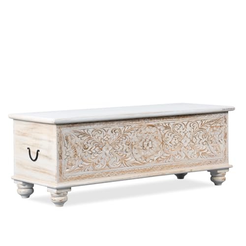 Image of Wifo Solid Wood Coffee Table for Living Room Wooden Trunk Box for Storage | Handcrafted Center Table for Living Room with Sandook Storage | Pitara for Home and Bedroom (White Distress)