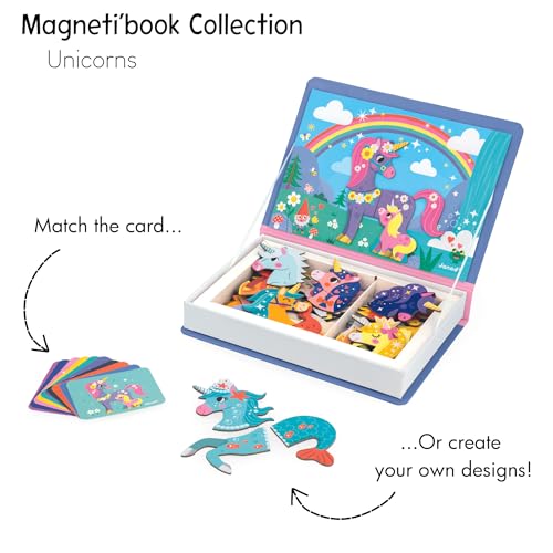 Janod - Magnéti’Book Einhörner - Magnetisches Lernspiel 44 Magnete + 10 Vorlagen - Kinderspielzeug aus FSC-Pappe - Fördert Handgeschicklichkeit und Fantasie - Ab 3 Jahre