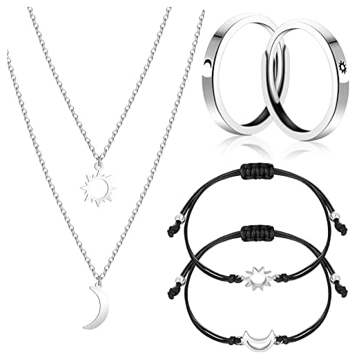 Bonuci 6 Pcs Sun and Moon Jewelry Set for Best Friend Include Matching Friendship Necklaces, Bracelets, Adjustable Rings Jewelry Gifts for BFF Couples Sisters